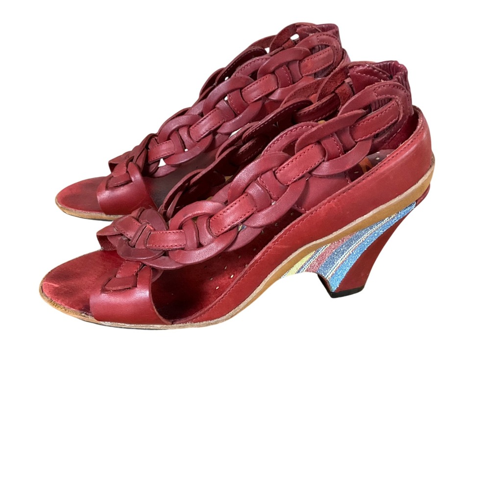 Nicole Wedge Sandals Women Size 7 Red Leather Braided Strap Boho
